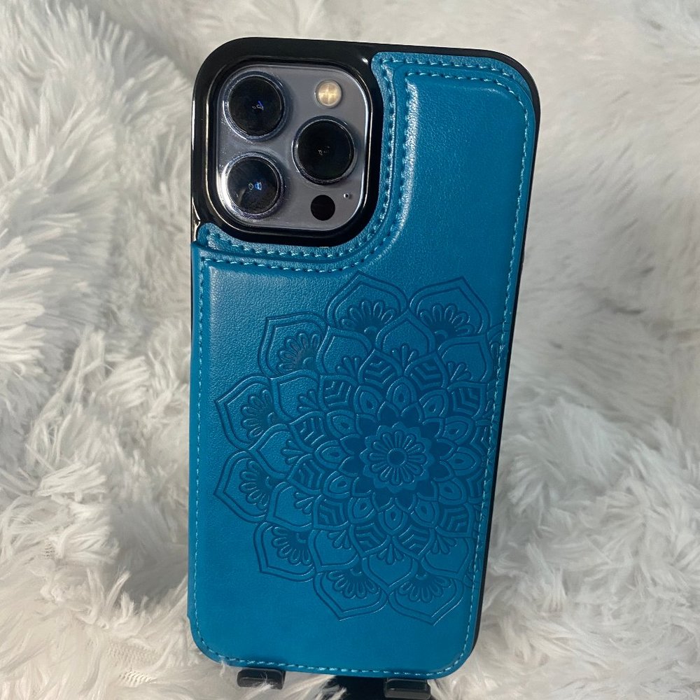 for iPhone 13 Pro Max Leather Case Double Buckle and Card Slot Mandala,  Blue